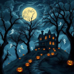 A detailed Halloween-themed illustration featuring a haunted house on a misty hillside, surrounded by tall, eerie trees with crooked branches and dark silhouettes