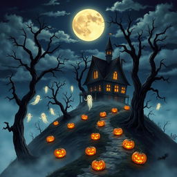 A detailed Halloween-themed illustration featuring a haunted house on a misty hillside, surrounded by tall, eerie trees with crooked branches and dark silhouettes