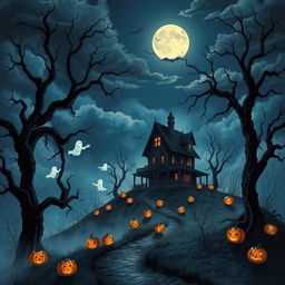 A detailed Halloween-themed illustration featuring a haunted house on a misty hillside, surrounded by tall, eerie trees with crooked branches and dark silhouettes