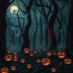 An eerie forest scene filled with towering, twisted trees, their bark rough and dark