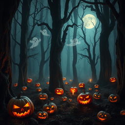 An eerie forest scene filled with towering, twisted trees, their bark rough and dark