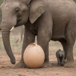 A large, detailed elephant egg sheltering a baby elephant and its mother inside.