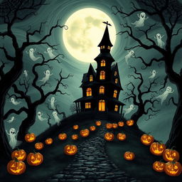 A captivating Halloween-themed illustration featuring a dark, ancient haunted house looming ominously atop a misty hill