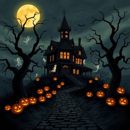 A captivating Halloween-themed illustration featuring a dark, ancient haunted house looming ominously atop a misty hill