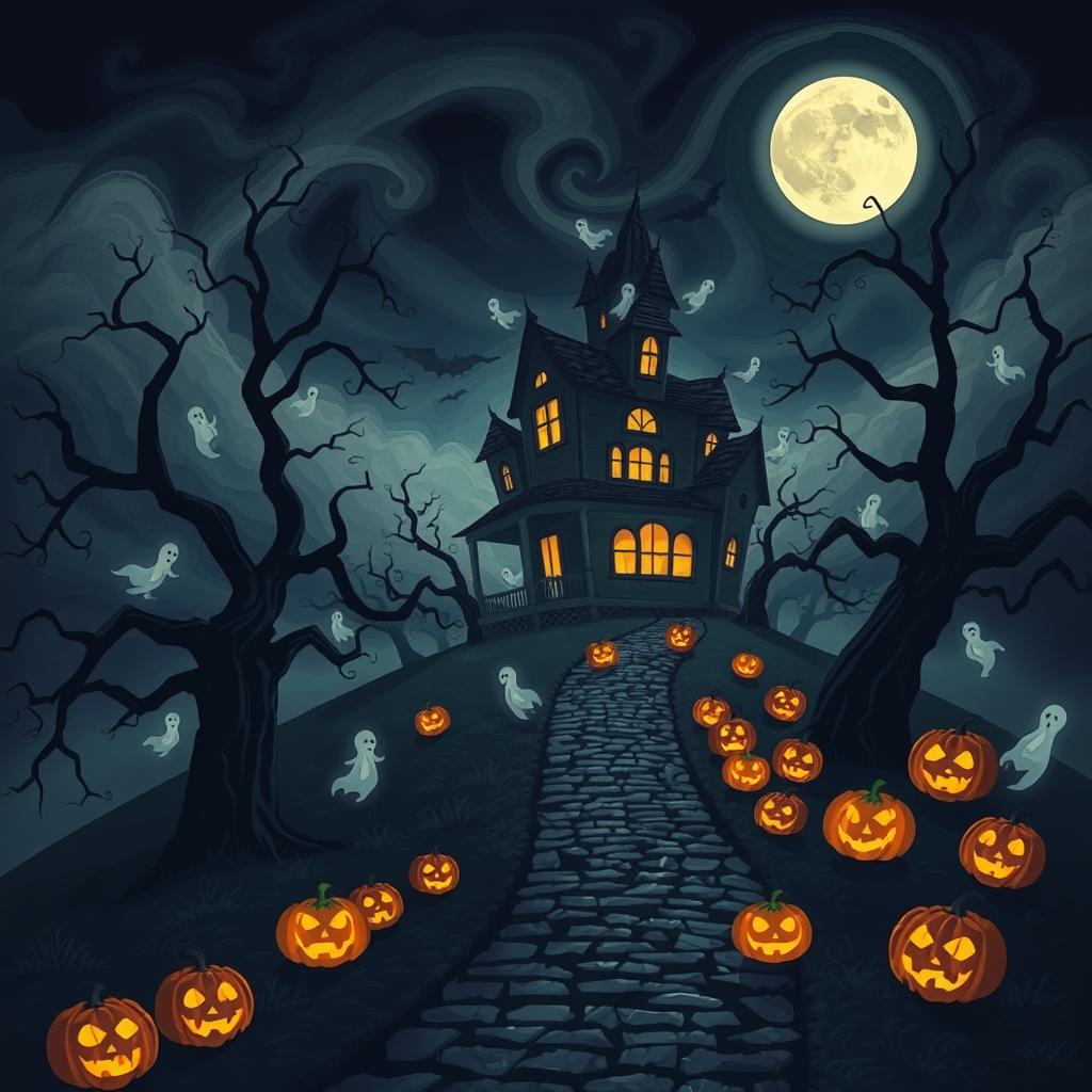 A captivating Halloween-themed illustration featuring a dark, ancient haunted house looming ominously atop a misty hill