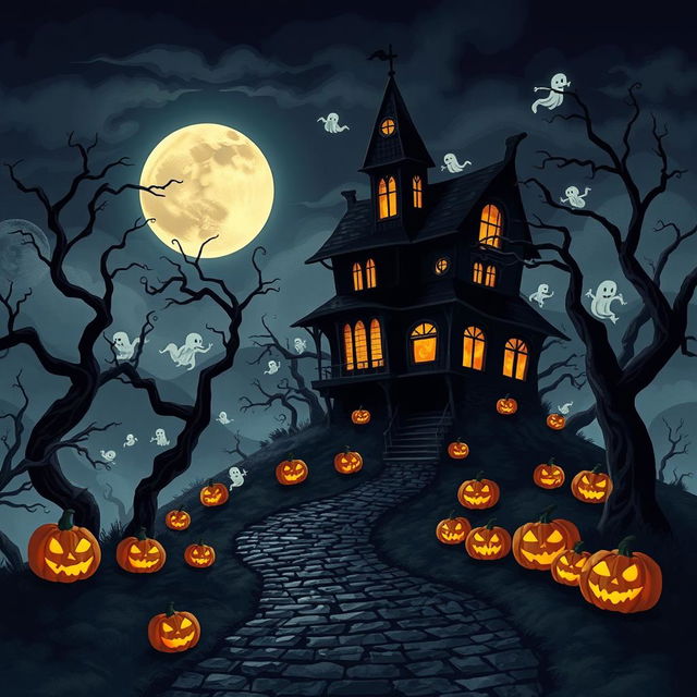 A captivating Halloween-themed illustration featuring a dark, ancient haunted house looming ominously atop a misty hill