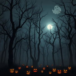 A hauntingly beautiful forest filled with tall, twisted trees silhouetted against a darkened sky