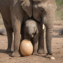 A large, detailed elephant egg sheltering a baby elephant and its mother inside.