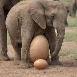 A large, detailed elephant egg sheltering a baby elephant and its mother inside.