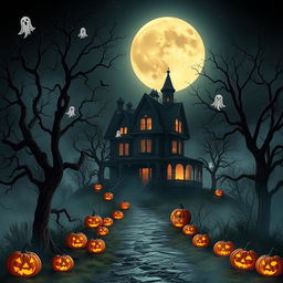 A captivating Halloween-themed scene featuring an imposing haunted house set atop a foggy hill, with gargoyles perched ominously on its roof