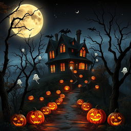 A captivating Halloween-themed scene featuring an imposing haunted house set atop a foggy hill, with gargoyles perched ominously on its roof
