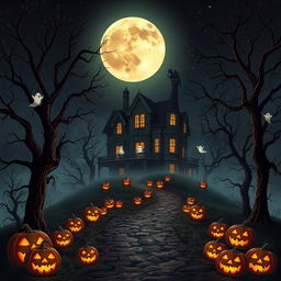 A captivating Halloween-themed scene featuring an imposing haunted house set atop a foggy hill, with gargoyles perched ominously on its roof