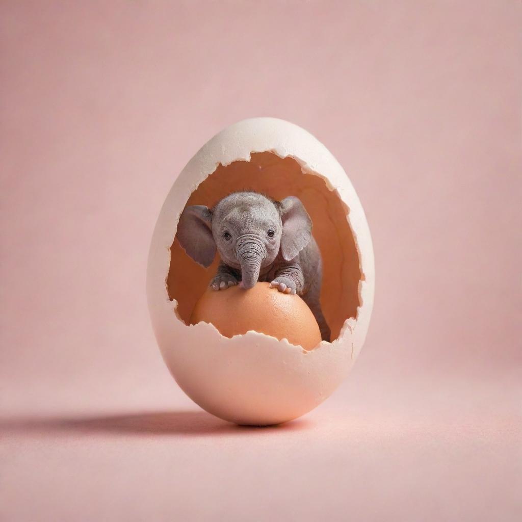 An egg hatching to reveal a tiny elephant inside, against a soft, magical background