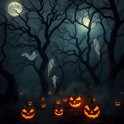 A chilling forest shrouded in darkness, featuring ancient, twisted trees whose branches twist ominously against a glowing moonlit sky