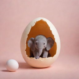 An egg hatching to reveal a tiny elephant inside, against a soft, magical background