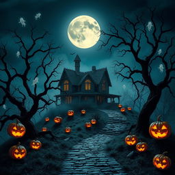 An enchanting Halloween-themed scene showcasing a foreboding haunted house perched on a misty, moonlit hill