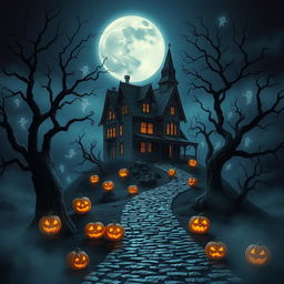 An enchanting Halloween-themed scene showcasing a foreboding haunted house perched on a misty, moonlit hill
