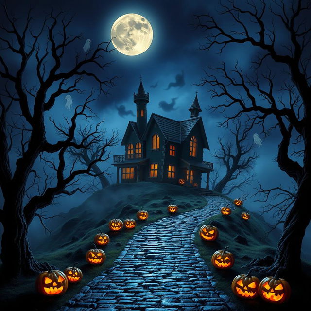 An enchanting Halloween-themed scene showcasing a foreboding haunted house perched on a misty, moonlit hill