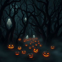 A foreboding and dark forest, dense with gnarled trees that loom overhead, their twisted branches clawing at the night sky