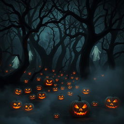 A foreboding and dark forest, dense with gnarled trees that loom overhead, their twisted branches clawing at the night sky