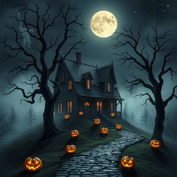 An enchanting Halloween-themed scene depicting a foreboding haunted house perched on a misty hill under a starry sky