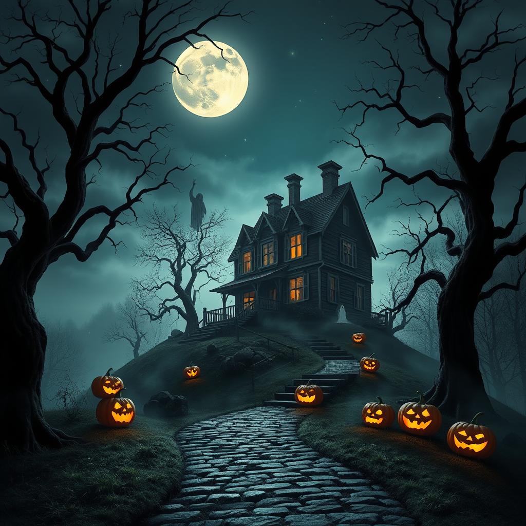 An enchanting Halloween-themed scene depicting a foreboding haunted house perched on a misty hill under a starry sky