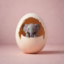 An egg hatching to reveal a tiny elephant inside, against a soft, magical background