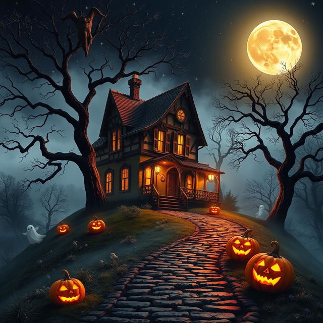 An enchanting Halloween-themed scene depicting a foreboding haunted house perched on a misty hill under a starry sky