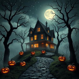An enchanting Halloween-themed scene depicting a foreboding haunted house perched on a misty hill under a starry sky