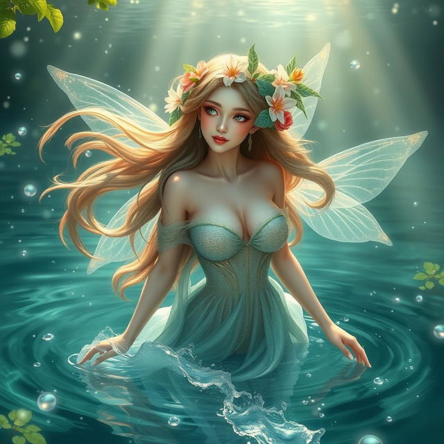 A stunning representation of a beautiful water fairy, or 'Bidadari Air', with large breasts, emerging gracefully from a serene, crystal-clear lake