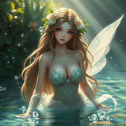 A stunning representation of a beautiful water fairy, or 'Bidadari Air', with large breasts, emerging gracefully from a serene, crystal-clear lake