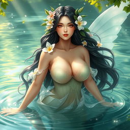 A stunning representation of a beautiful water fairy, or 'Bidadari Air', with large breasts, emerging gracefully from a serene, crystal-clear lake