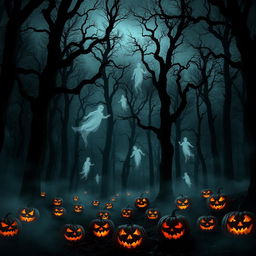 An eerie forest shrouded in darkness, featuring tall, menacing trees with twisted branches reaching out like skeletal fingers against a dimly lit sky