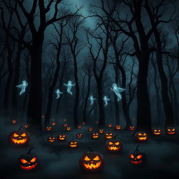 An eerie forest shrouded in darkness, featuring tall, menacing trees with twisted branches reaching out like skeletal fingers against a dimly lit sky