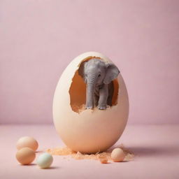 An egg hatching to reveal a tiny elephant inside, against a soft, magical background