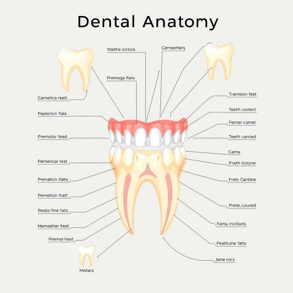 A detailed and accurate illustration of dental anatomy, showcasing a variety of human teeth including incisors, canines, premolars, and molars