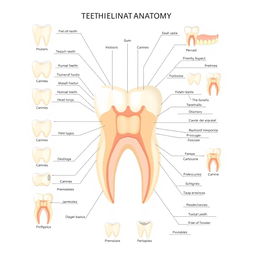 A detailed and accurate illustration of dental anatomy, showcasing a variety of human teeth including incisors, canines, premolars, and molars