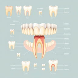 A detailed and accurate illustration of dental anatomy, showcasing a variety of human teeth including incisors, canines, premolars, and molars