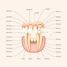 A detailed and accurate illustration of dental anatomy, showcasing a variety of human teeth including incisors, canines, premolars, and molars