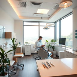 An aesthetically pleasing dental office, featuring modern equipment, bright lighting, and a welcoming atmosphere