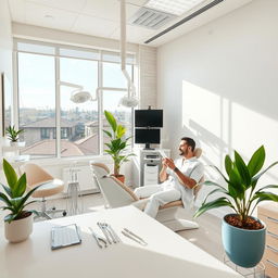 An aesthetically pleasing dental office, featuring modern equipment, bright lighting, and a welcoming atmosphere