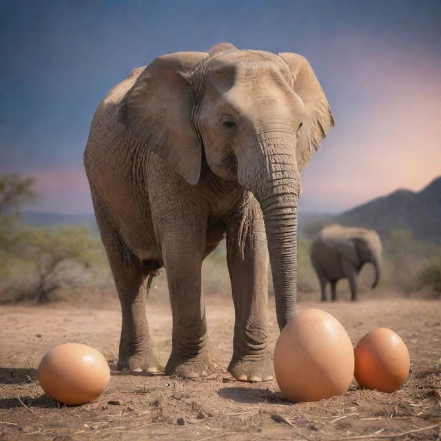 A magical scene of an elephant hatching from an egg, with the mother elephant lovingly standing by its side.