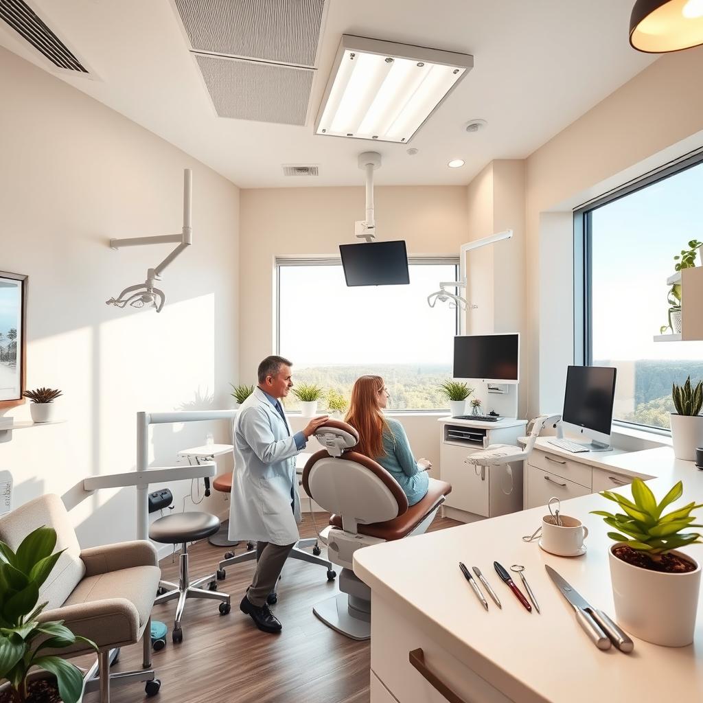 An aesthetically pleasing dental office, featuring modern equipment, bright lighting, and a welcoming atmosphere