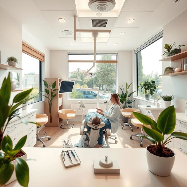 An aesthetically pleasing dental office, featuring modern equipment, bright lighting, and a welcoming atmosphere