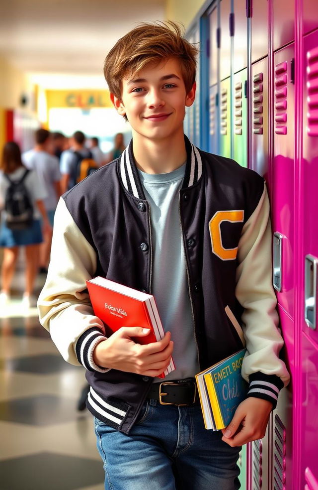 A teenage boy in a high school setting, wearing a stylish varsity jacket, leaning against a locker with a confident and relaxed expression