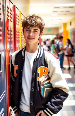 A teenage boy in a high school setting, wearing a stylish varsity jacket, leaning against a locker with a confident and relaxed expression