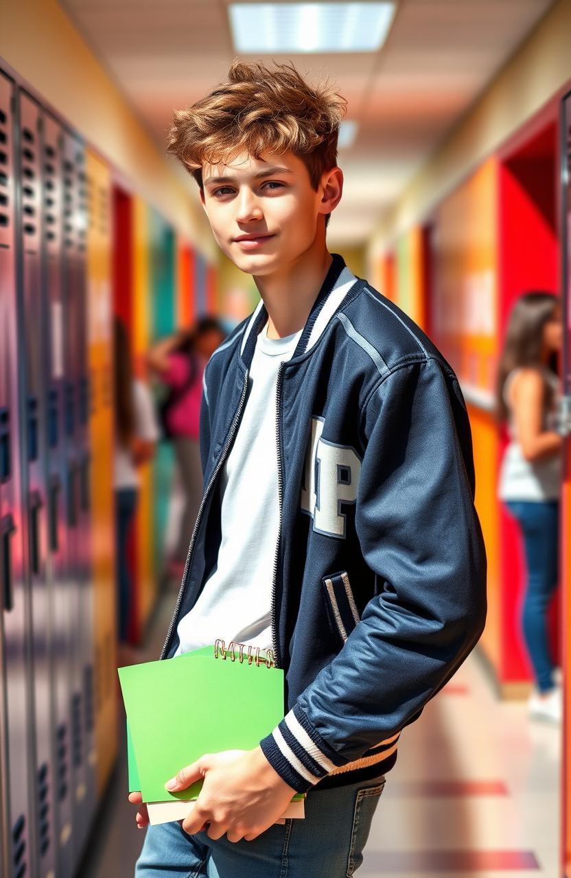 A teenage boy in a high school setting, wearing a stylish varsity jacket, leaning against a locker with a confident and relaxed expression