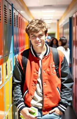 A teenage boy in a high school setting, wearing a stylish varsity jacket, leaning against a locker with a confident and relaxed expression