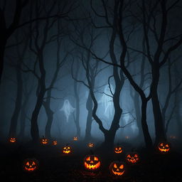 A hauntingly beautiful forest enveloped in darkness, where tall, twisted trees stand like sentinels in the night, their branches weaving a tangled web against a starless sky