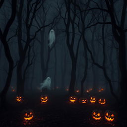 A hauntingly beautiful forest enveloped in darkness, where tall, twisted trees stand like sentinels in the night, their branches weaving a tangled web against a starless sky